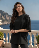 Women Solid Black Cotton Half Sleeve Crew Neck Oversized T-Shirt