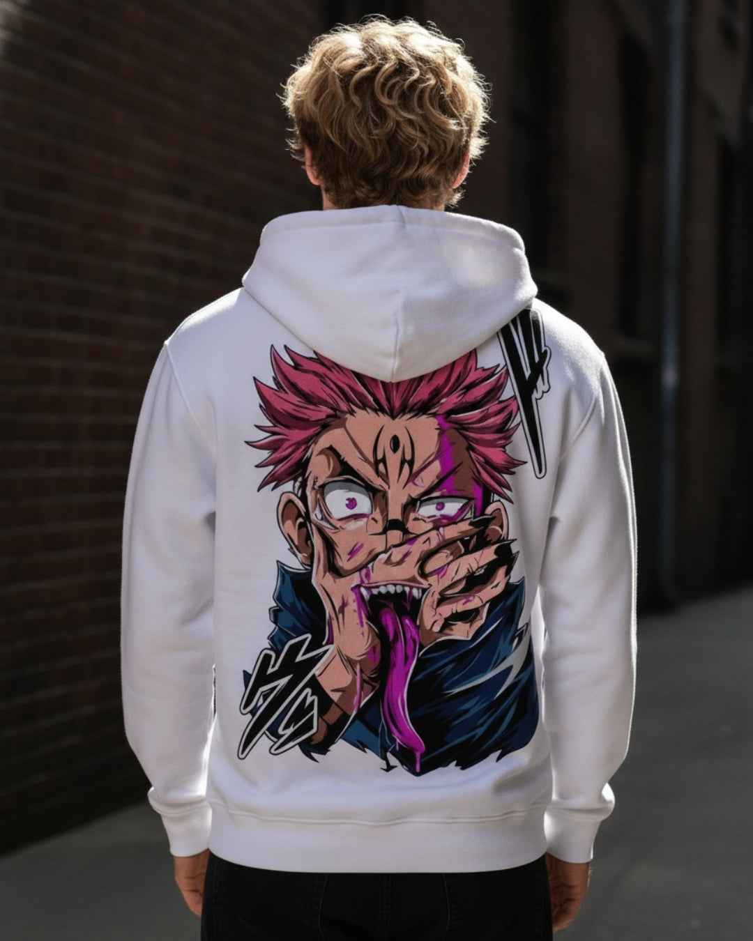 Sman's Solid White Cotton Crew Neck Oversized Printed Hoodie For Men