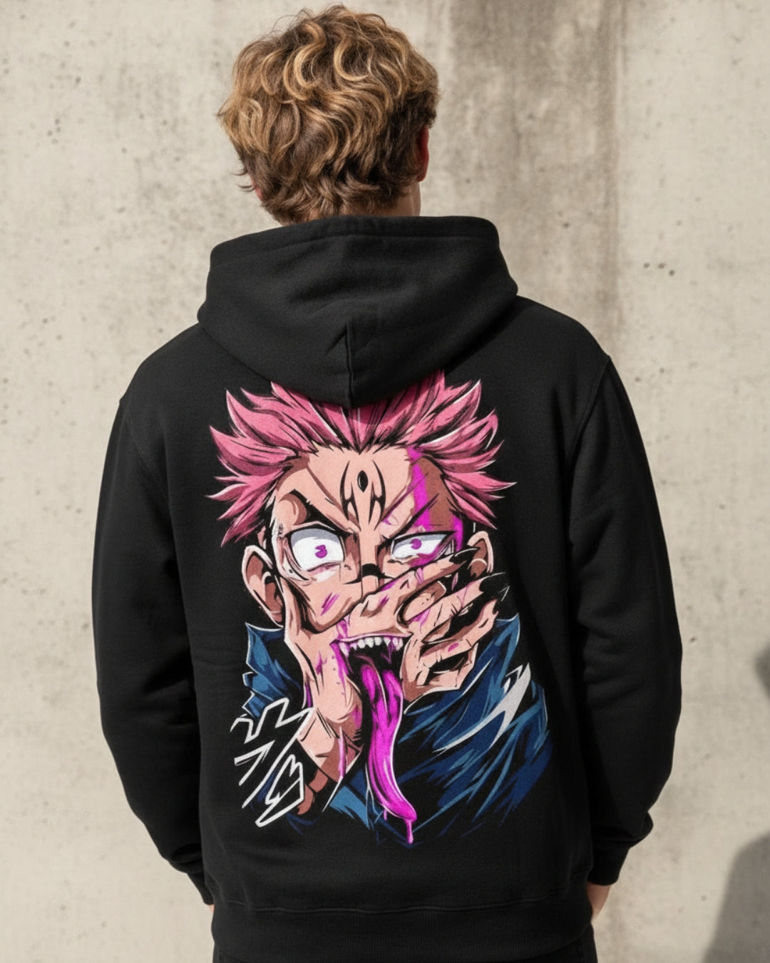 Sman's Solid Black Cotton Crew Neck Oversized Printed Hoodie For Men