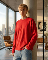 Men's Solid Red Oversized Long Sleeve Crew Neck Regular T-Shirt