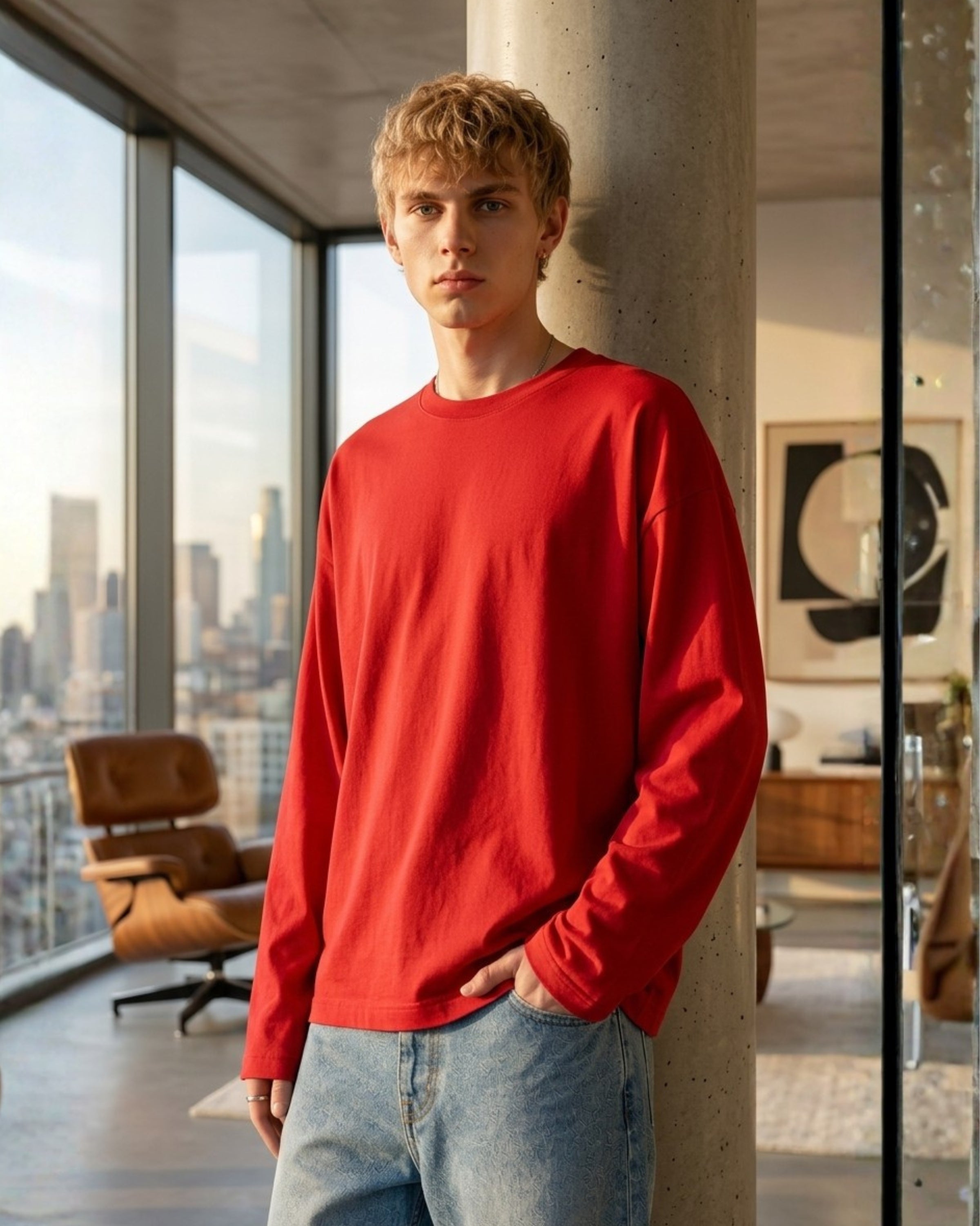 Men's Solid Red Oversized Long Sleeve Crew Neck Regular T-Shirt