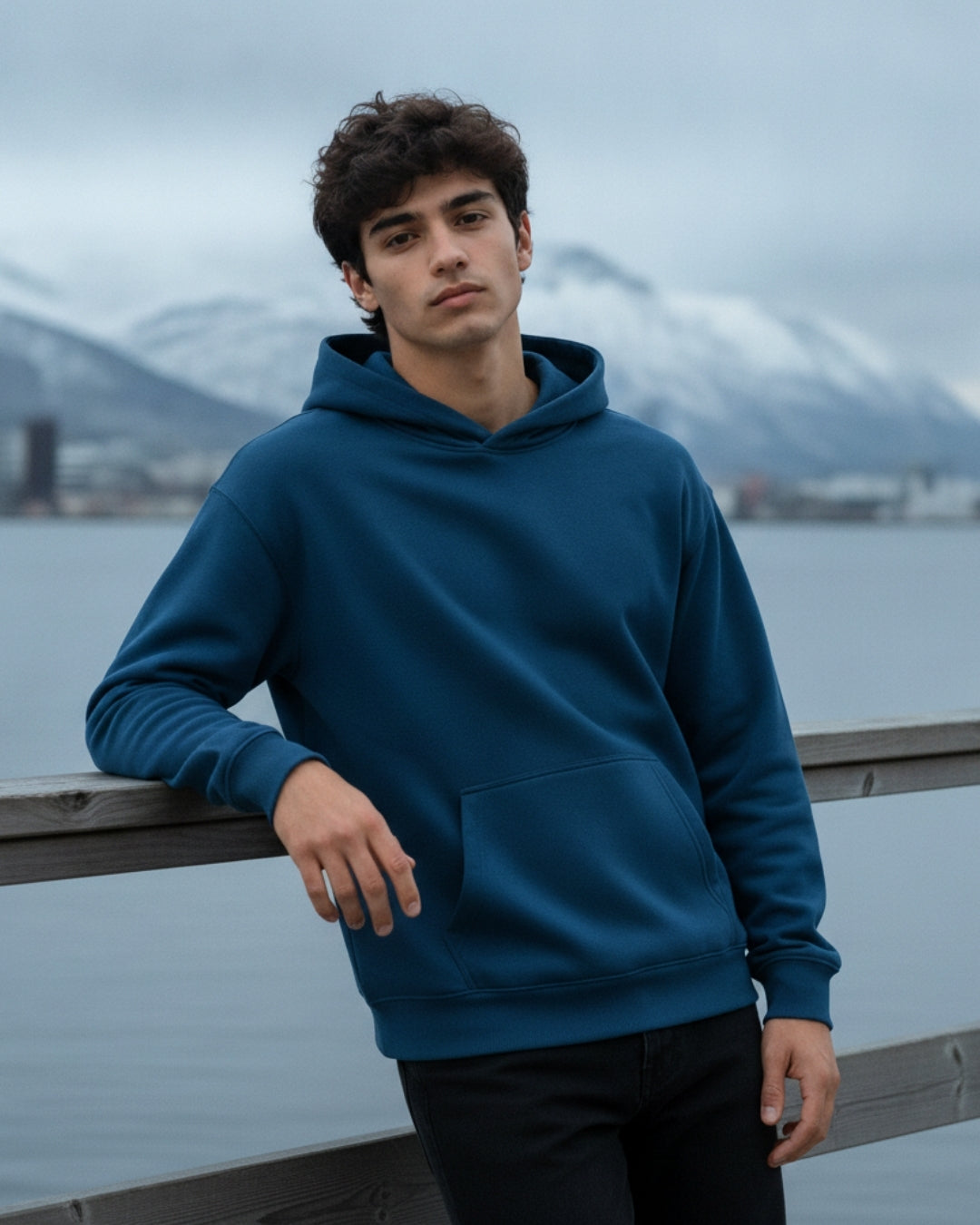 Men's Solid Teal Blue Cotton Full Sleeve Oversized Hoodie