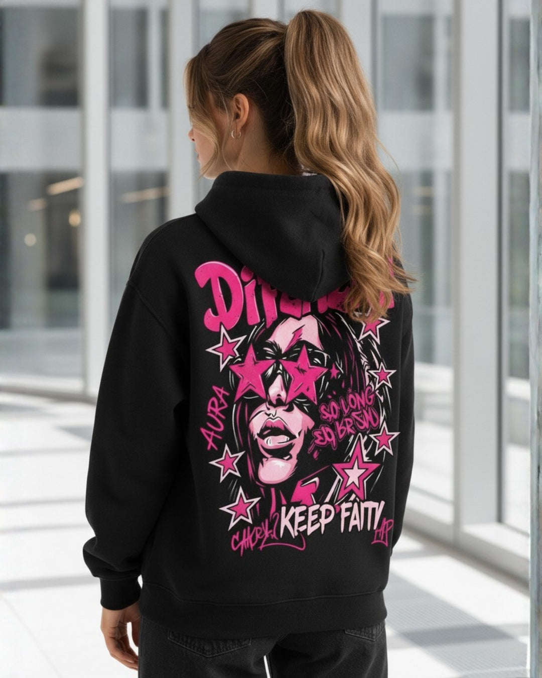 Sman's Solid Black Cotton Crew Neck Oversized Printed Hoodie For Women