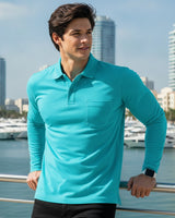 Men's Solid Aqua Matty Full sleeve Polo Regular T-Shirt