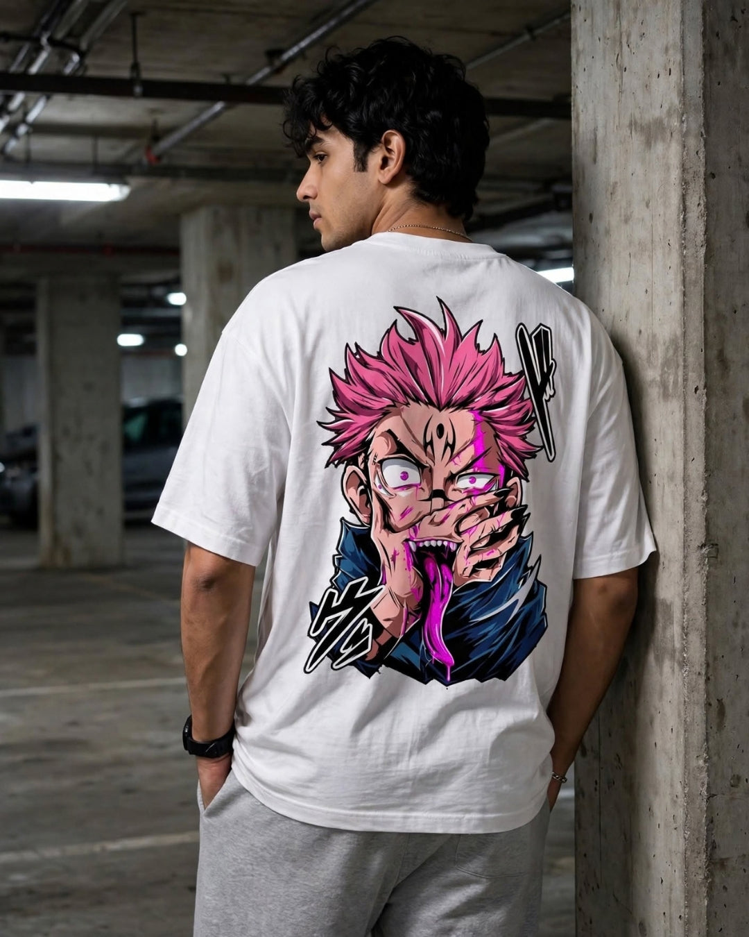 Sman's Solid White Cotton Crew Neck Oversized Printed T-Shirt For Men