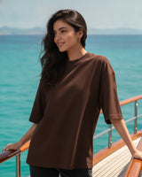 Women Solid Brown Cotton Half Sleeve Crew Neck Oversized T-Shirt