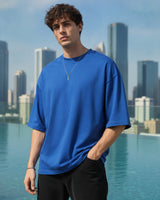 Men's Solid Royal Blue Cotton Half Sleeve Crew Neck Oversized T-Shirt