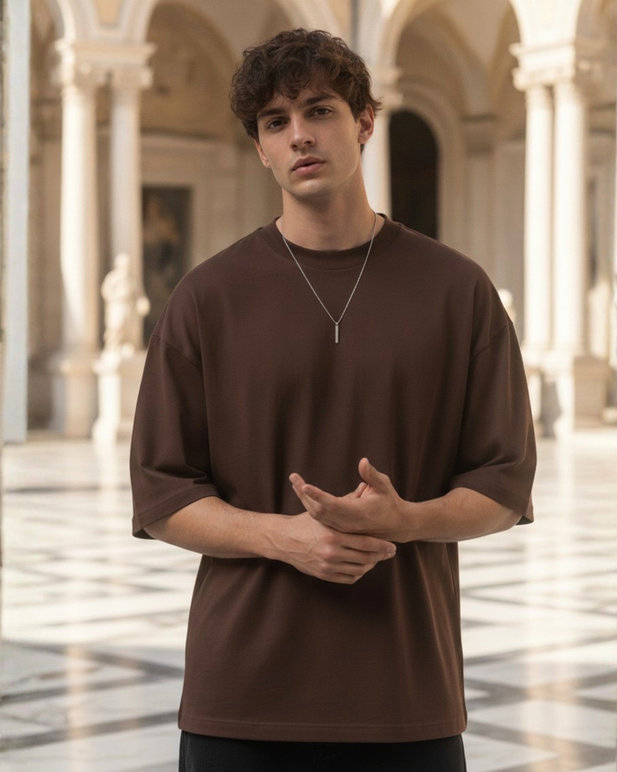 Men's Solid Brown Cotton Half Sleeve Crew Neck Oversized T-Shirt