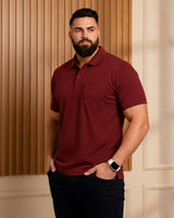 Men Plus size Polo Collar Pockets Maroon T-shirt