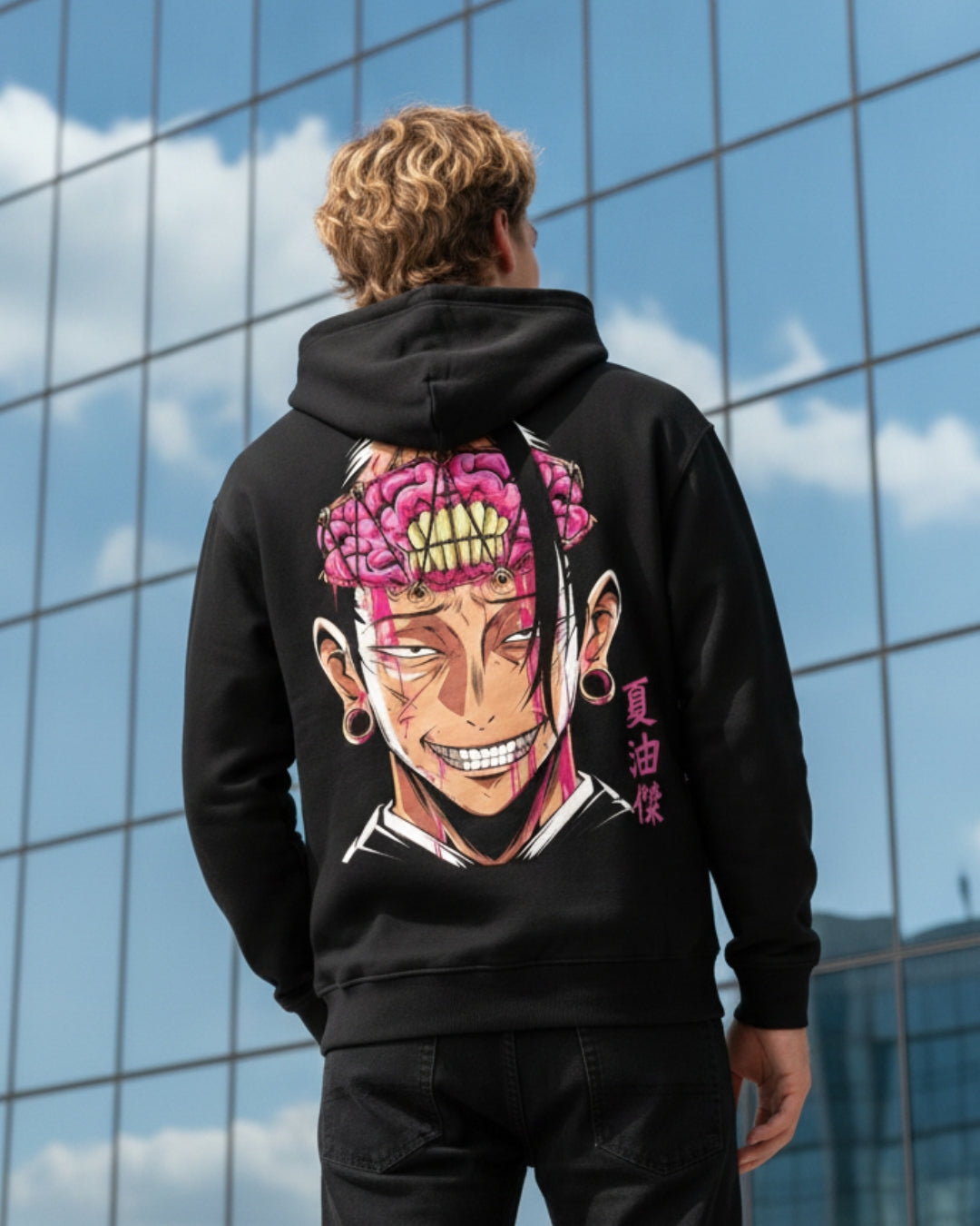 Sman's Solid Black Cotton Crew Neck Oversized Printed Hoodie For Men
