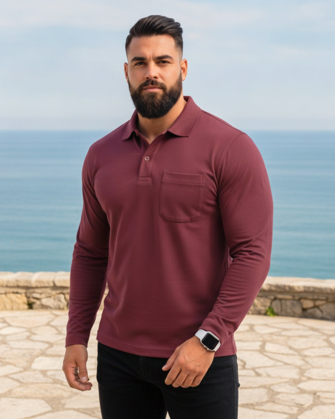 Men's Solid Maroon Matty Full Sleeve Polo Regular T-Shirt