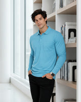 Men's Solid Sky Blue Matty Full sleeve Polo Regular T-Shirt