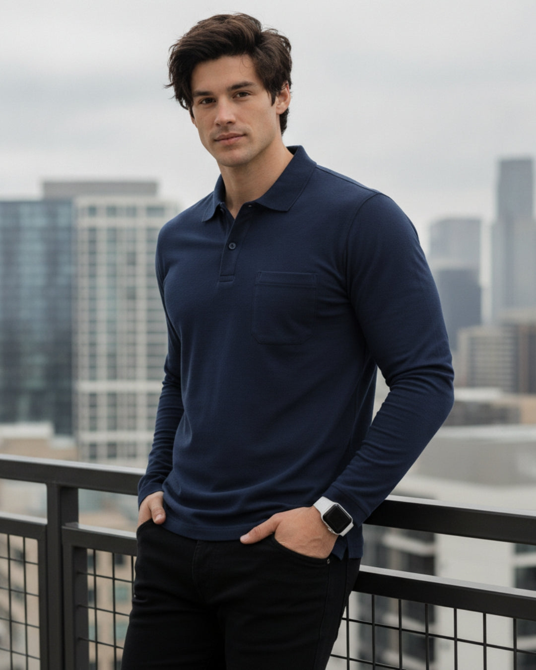 Men's Solid Navy Blue Matty Full sleeve Polo Regular T-Shirt