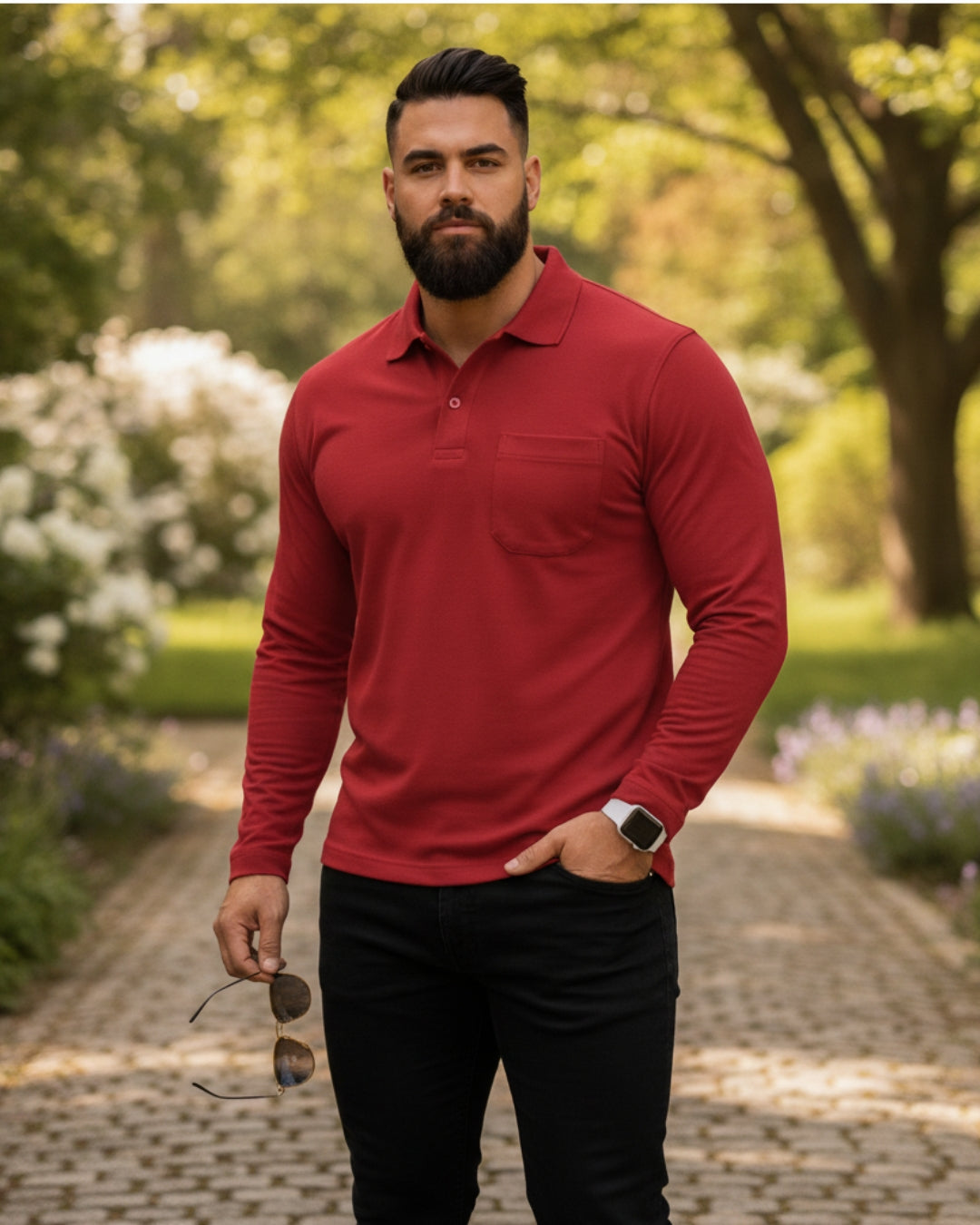 Men's Solid Red Matty Full Sleeve Polo Regular T-Shirt