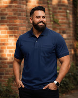 Men Plus size Polo Collar Pockets Navy Blue T-shirt
