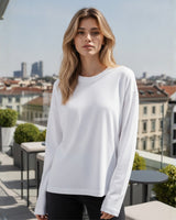Women's Solid White Oversized Long Sleeve Crew Neck Regular T-Shirt