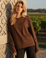 Women's Solid Brown Oversized Long Sleeve Crew Neck Regular T-Shirt