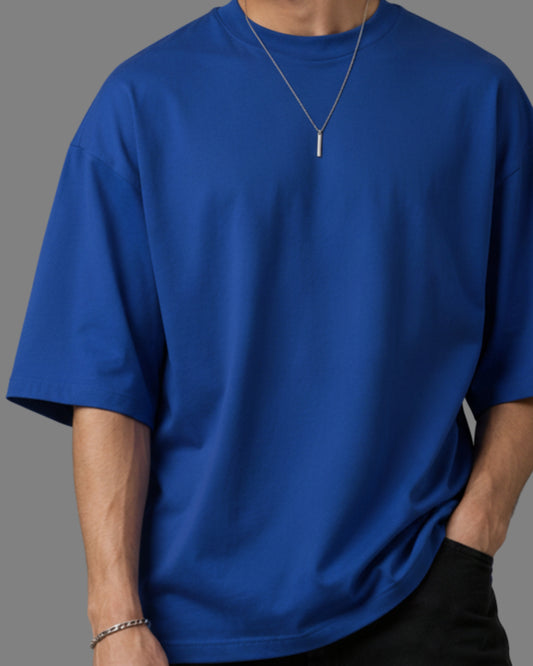Men's Solid Royal Blue Cotton Half Sleeve Crew Neck Oversized T-Shirt