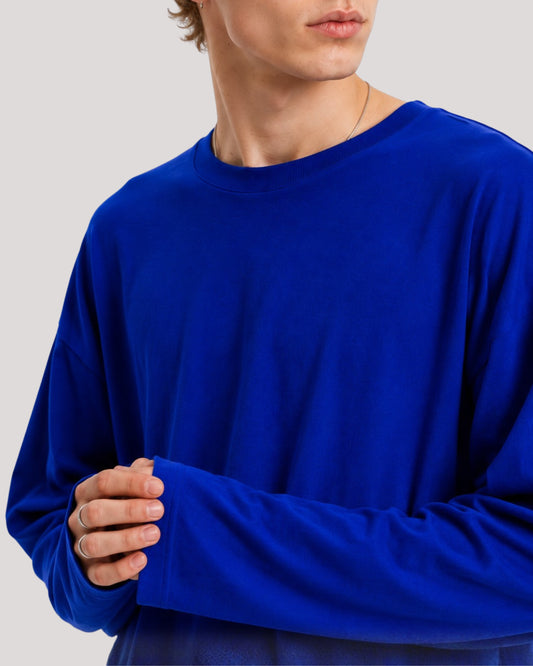Men's Solid Royal Blue Oversized Long Sleeve Crew Neck Regular T-Shirt