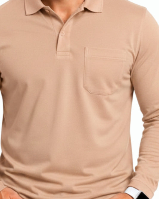 Men's Solid Peach Matty Full Sleeve Polo Regular T-Shirt