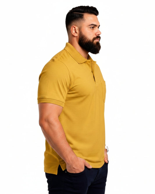 Men Plus size Polo Collar Pockets Mustard T-shirt