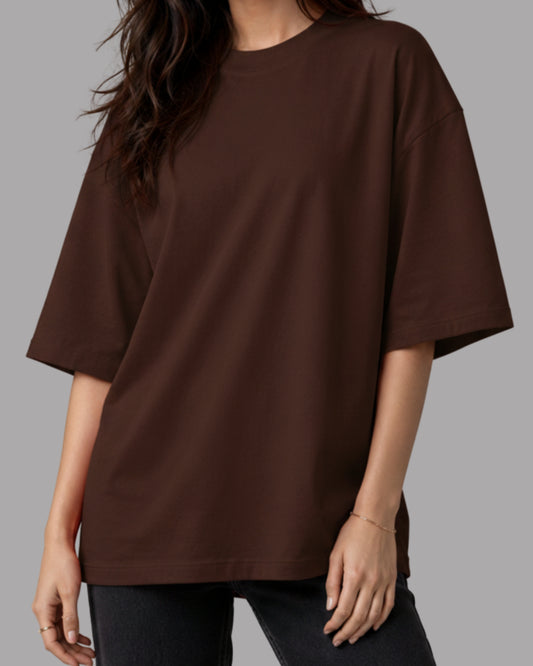 Women Solid Brown Cotton Half Sleeve Crew Neck Oversized T-Shirt