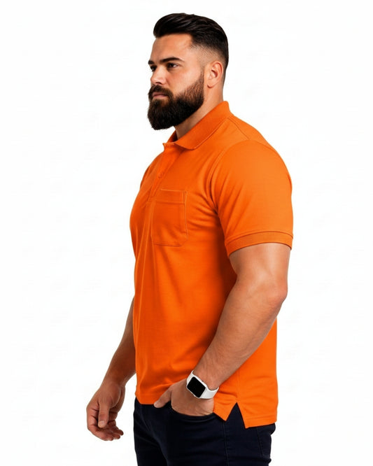 Men Plus size Polo Collar Pockets Orange T-shirt