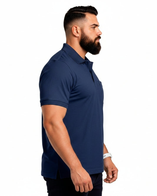 Men Plus size Polo Collar Pockets Navy Blue T-shirt