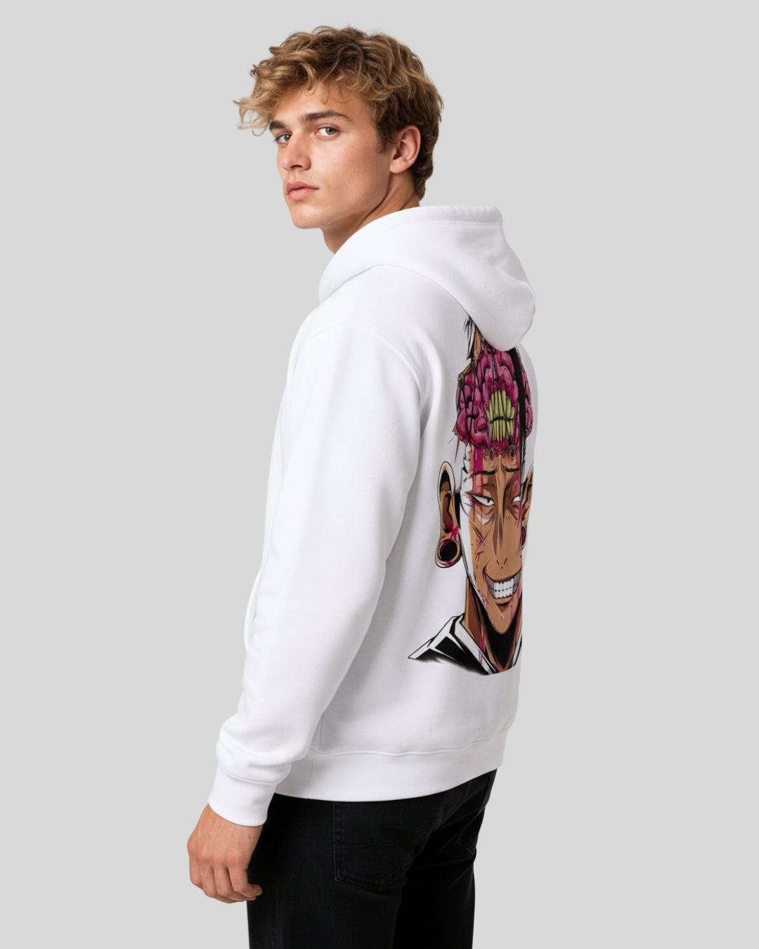 Sman's Solid White Cotton Crew Neck Oversized Printed Hoodie For Men