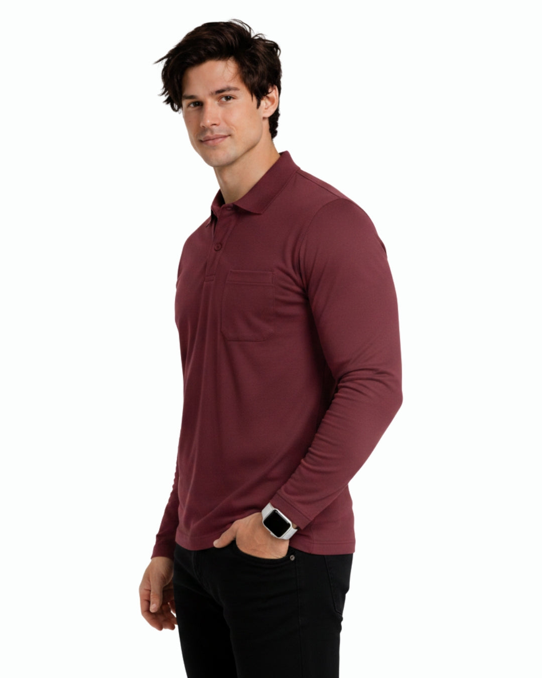 Men's Solid Maroon Matty Full sleeve Polo Regular T-Shirt
