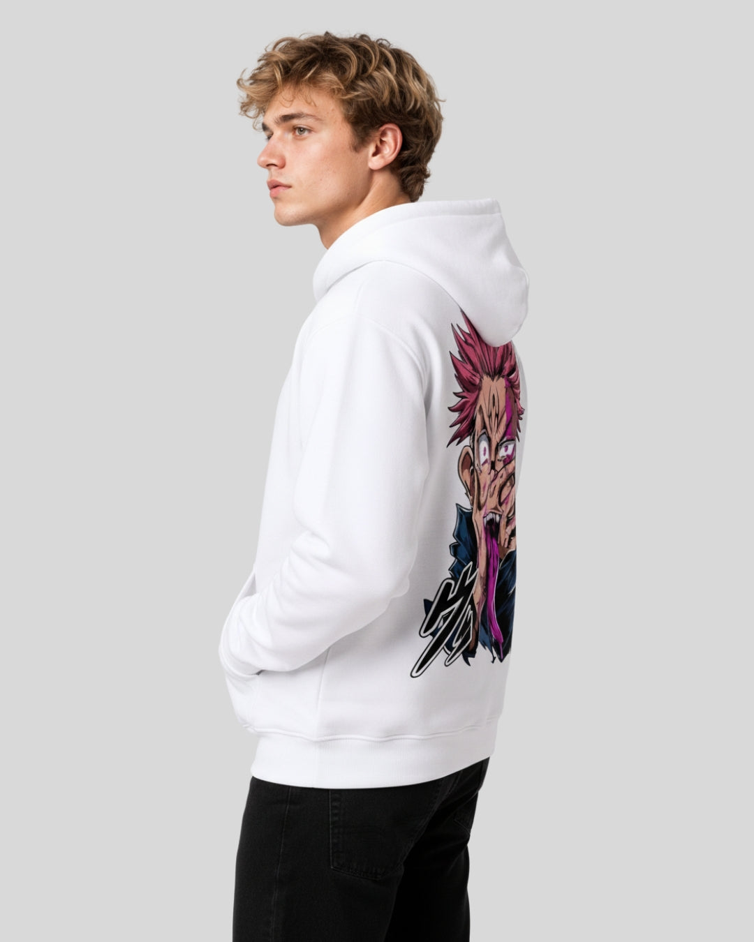 Sman's Solid White Cotton Crew Neck Oversized Printed Hoodie For Men