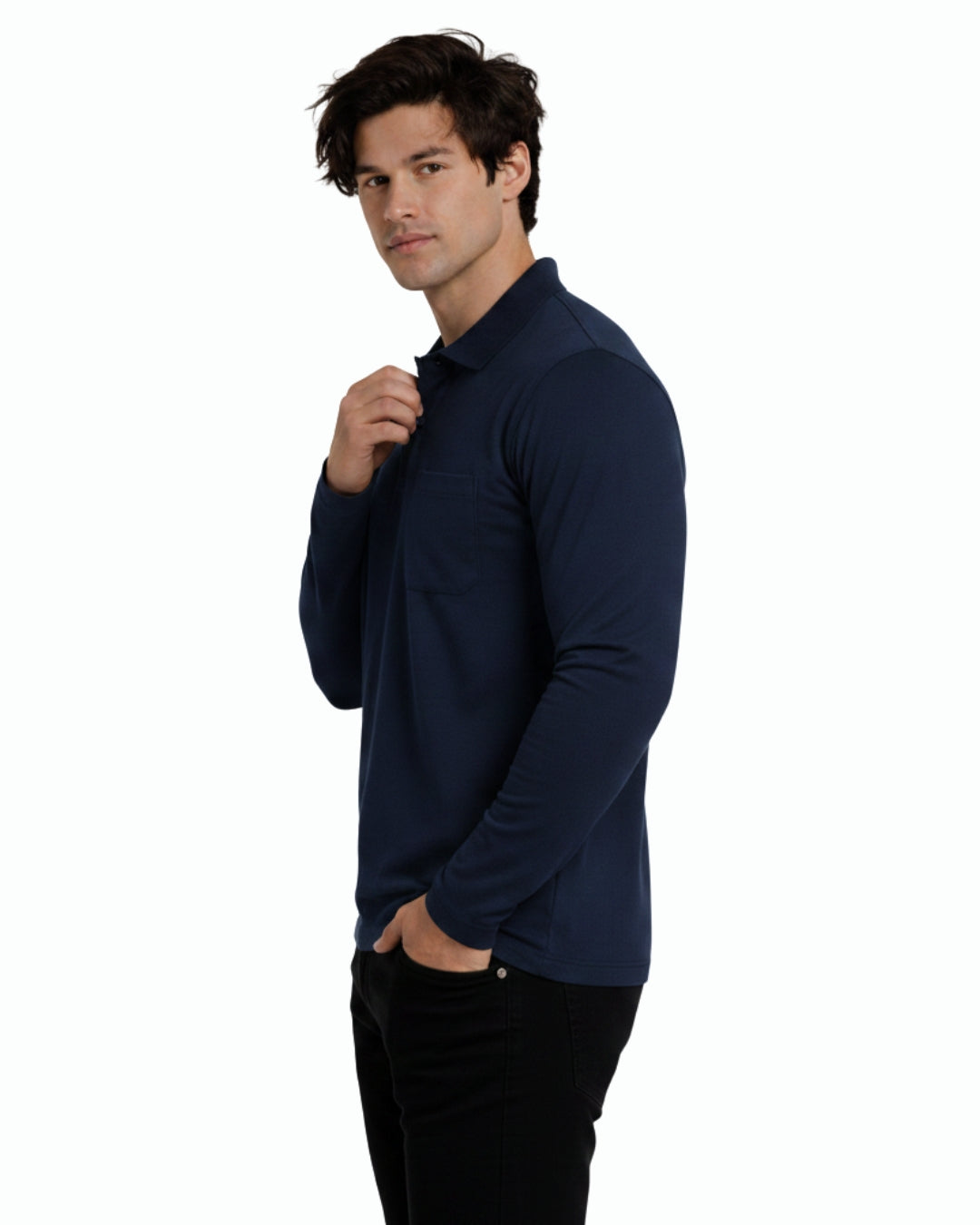 Men's Solid Navy Blue Matty Full sleeve Polo Regular T-Shirt