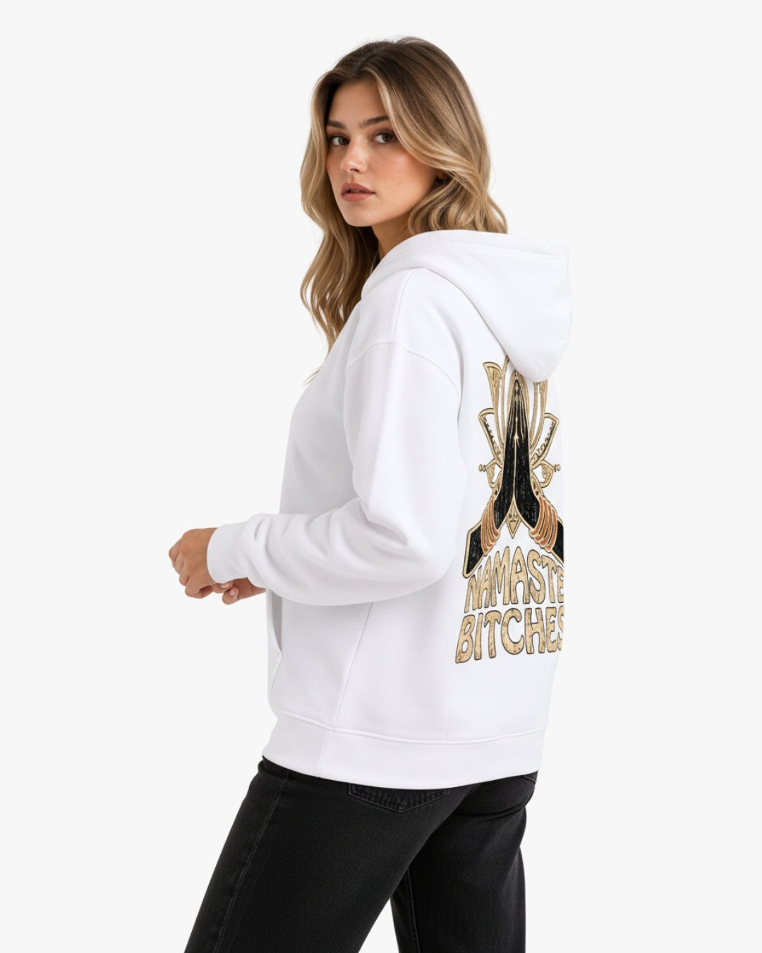 Sman's Solid White Cotton Crew Neck Oversized Printed Hoodie For Women