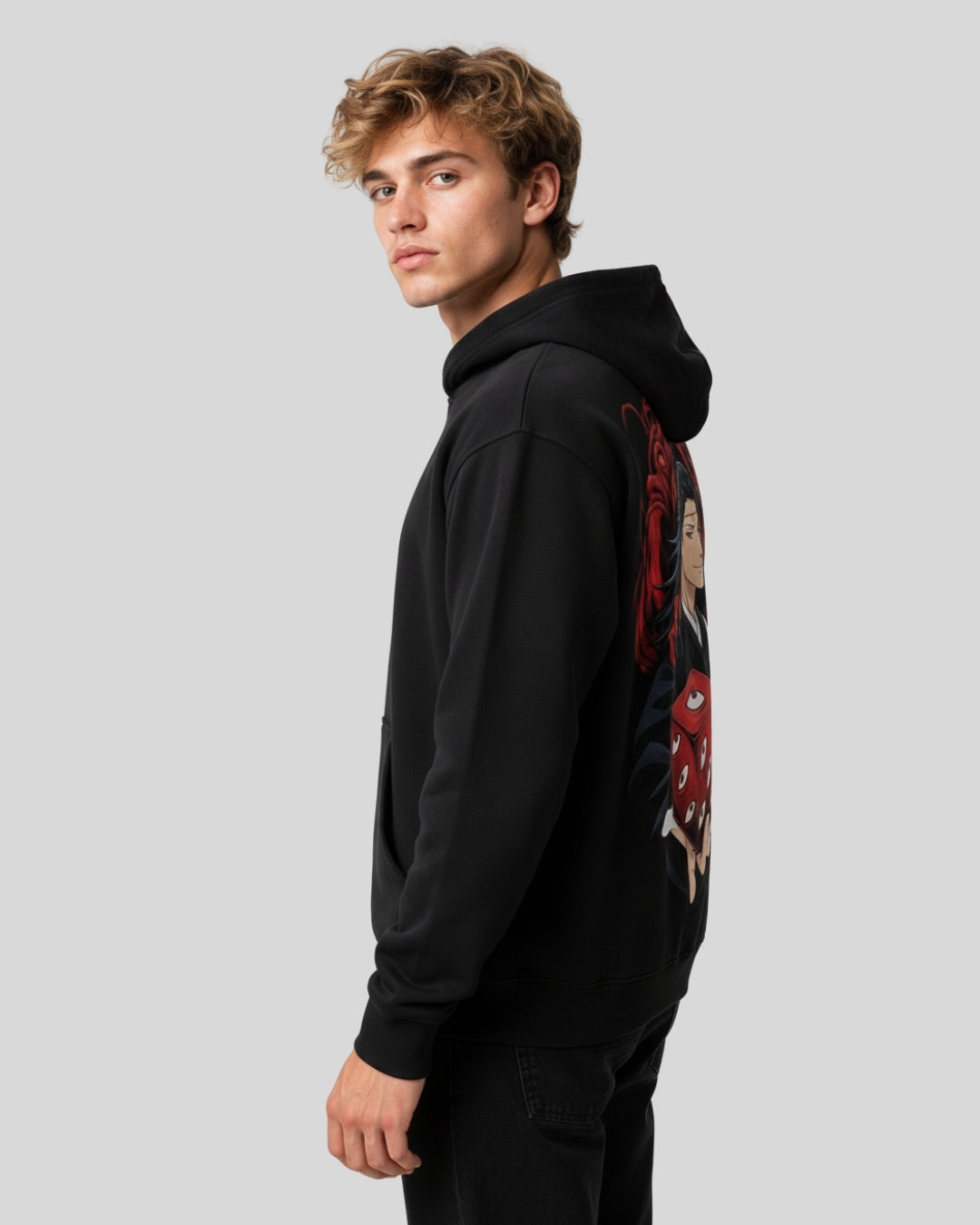 Sman's Solid Black Cotton Crew Neck Oversized Printed Hoodie For Men