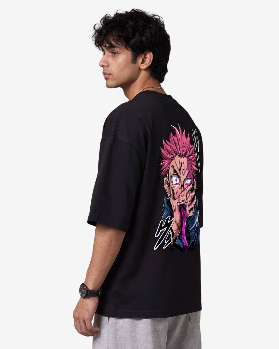 Sman's Solid Black Cotton Crew Neck Oversized Printed T-Shirt For Men
