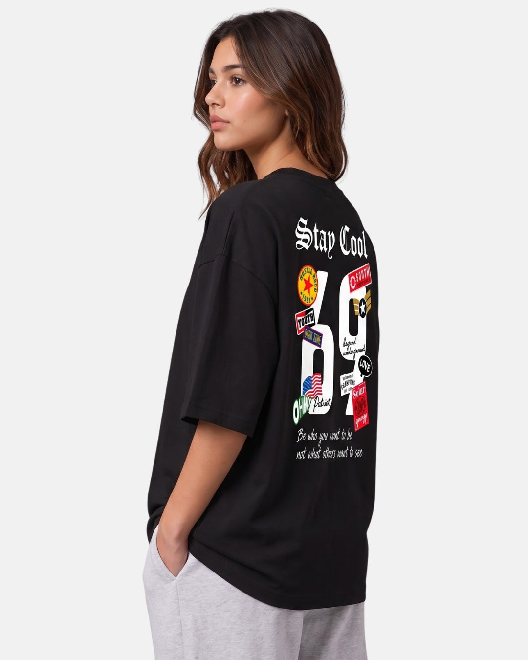Sman's Solid Black Cotton Crew Neck Oversized Printed T-Shirt For Women