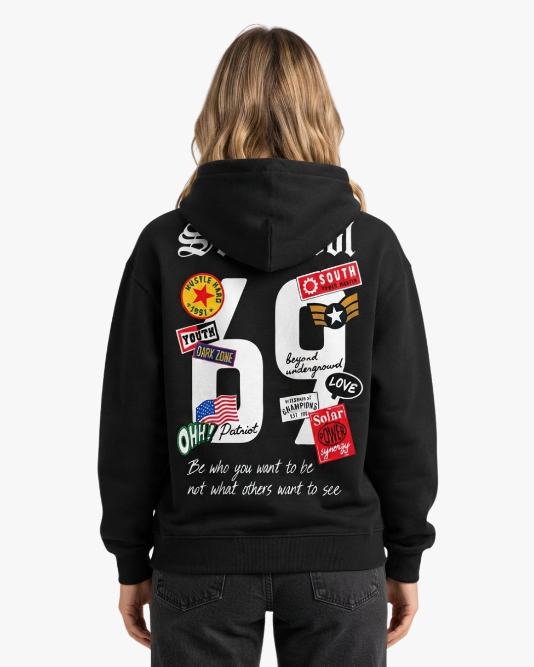 Sman's Solid Black Cotton Crew Neck Oversized Printed Hoodie For Women
