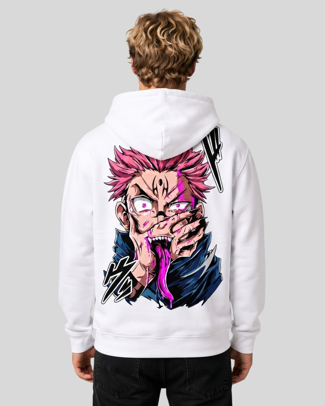 Sman's Solid White Cotton Crew Neck Oversized Printed Hoodie For Men