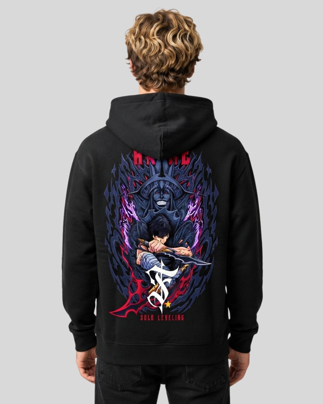 Sman's Solid Black Cotton Crew Neck Oversized Printed Hoodie For Men