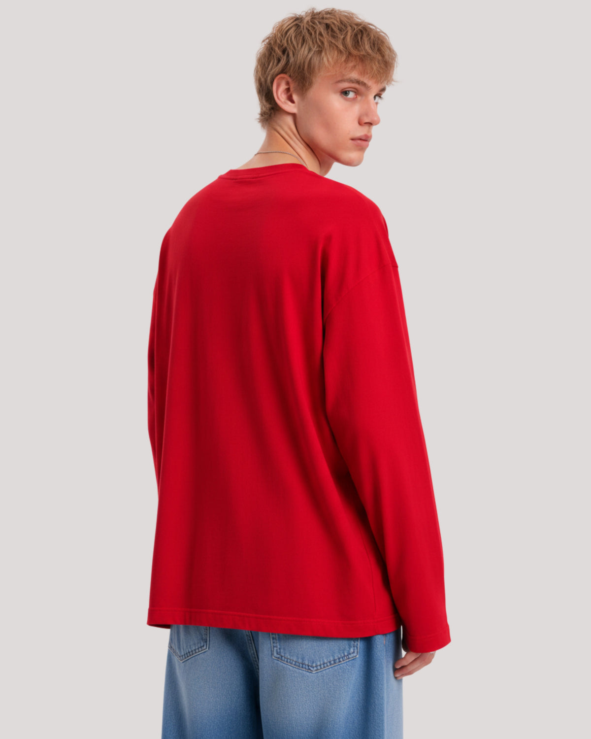 Men's Solid Red Oversized Long Sleeve Crew Neck Regular T-Shirt
