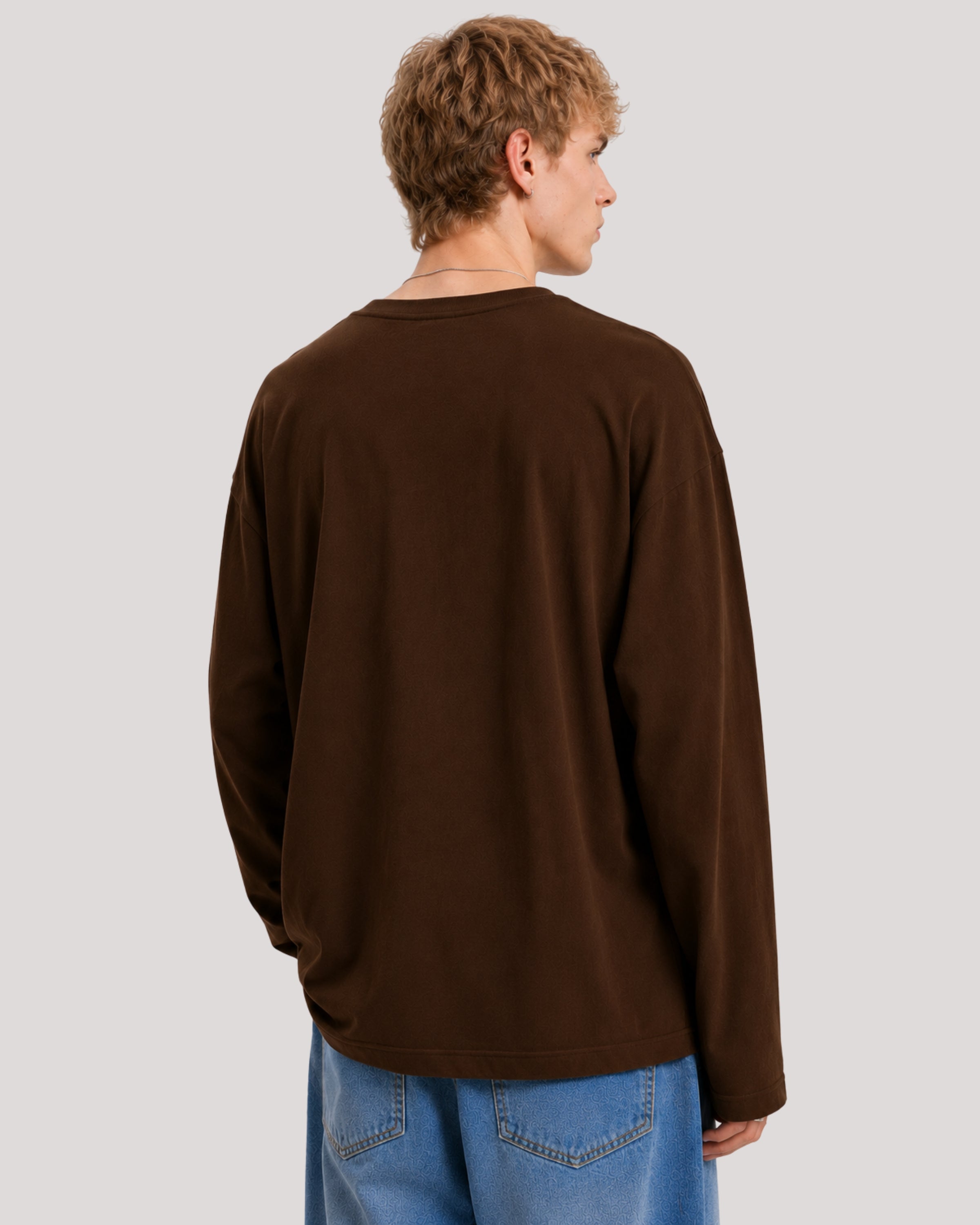 Men's Solid Brown Oversized Long Sleeve Crew Neck Regular T-Shirt