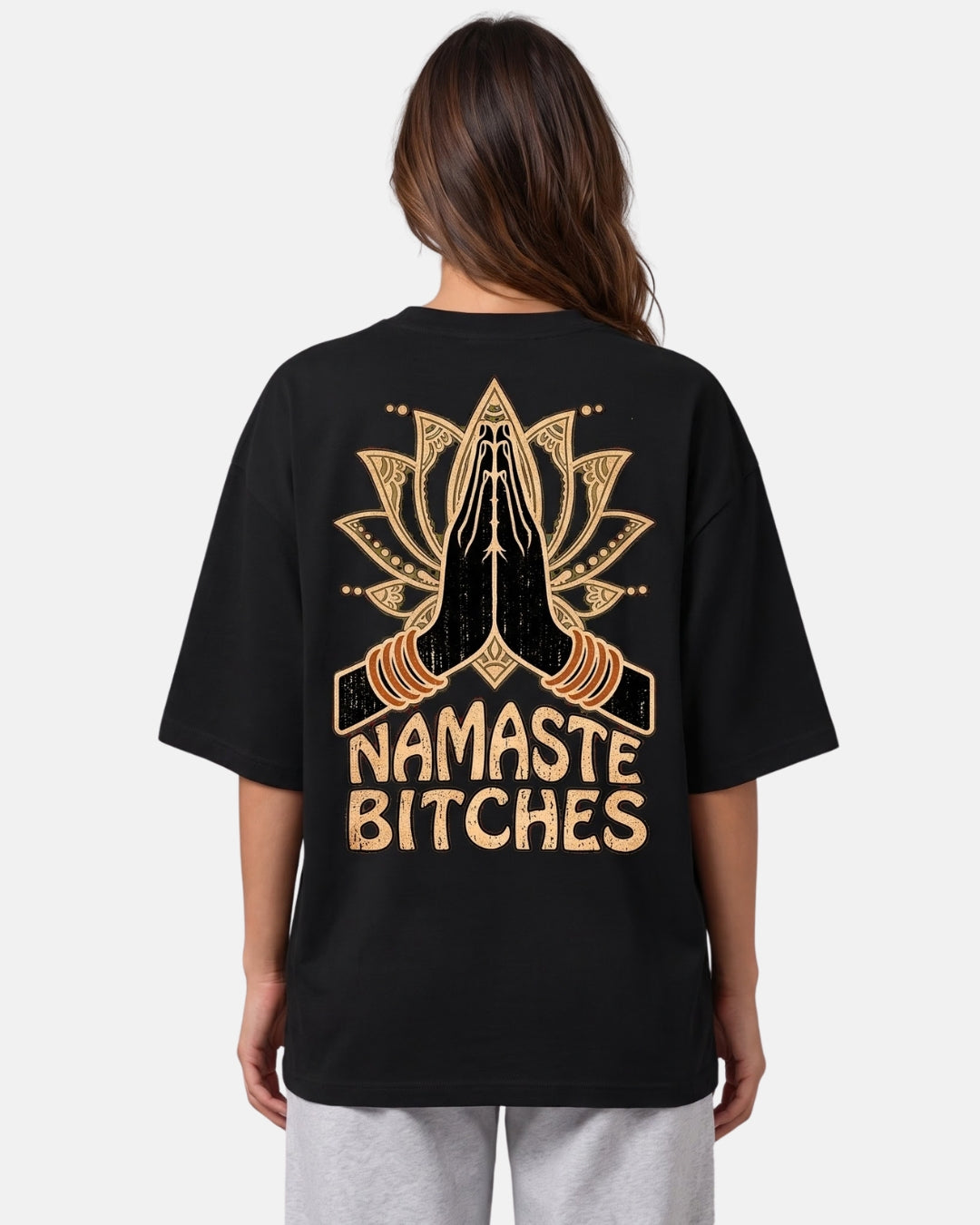 Sman's Solid Black Cotton Crew Neck Oversized Printed T-Shirt For Women
