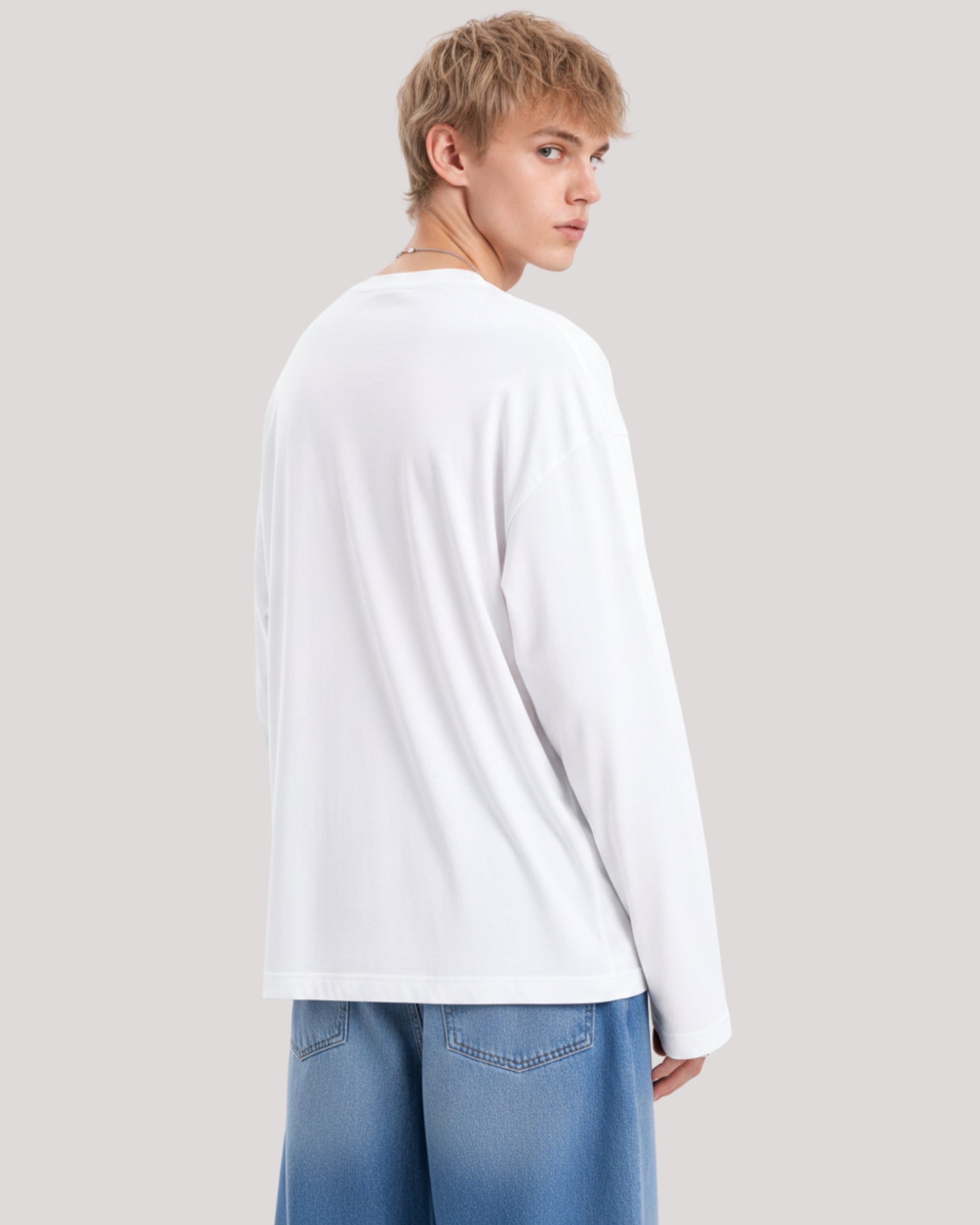 Men's Solid White Oversized Long Sleeve Crew Neck Regular T-Shirt