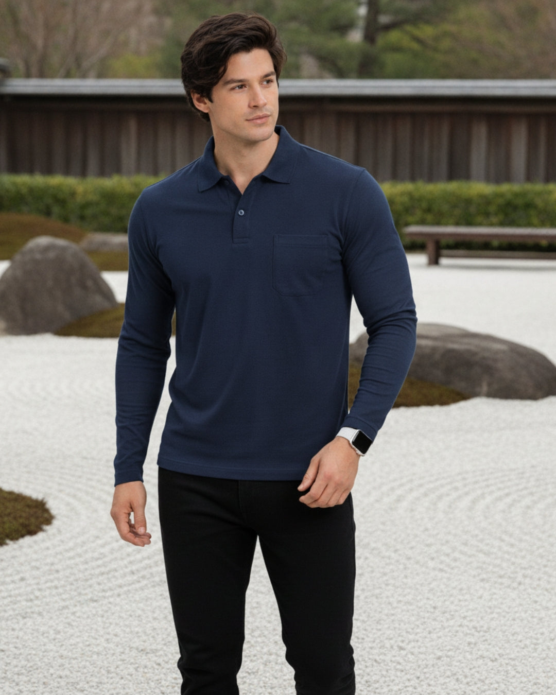 Men's Solid Navy Blue Matty Full sleeve Polo Regular T-Shirt