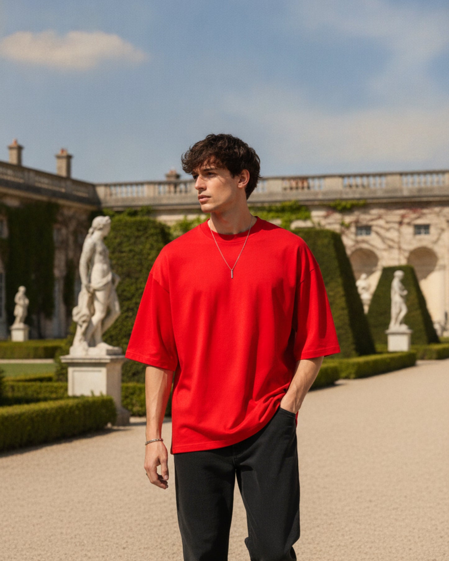 Men's Solid Red Cotton Half Sleeve Crew Neck Oversized T-Shirt