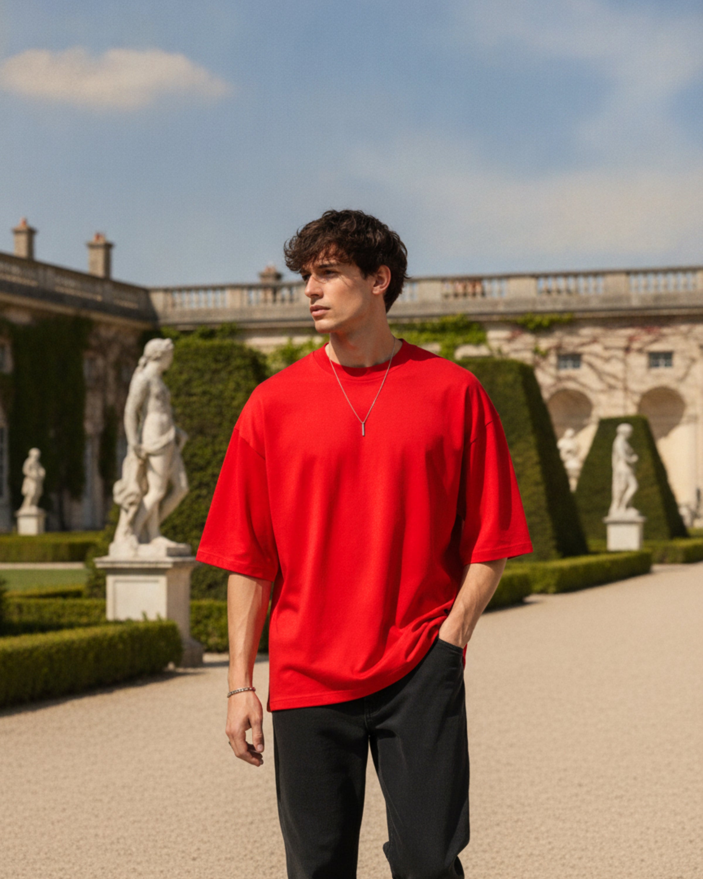 Men's Solid Red Cotton Half Sleeve Crew Neck Oversized T-Shirt