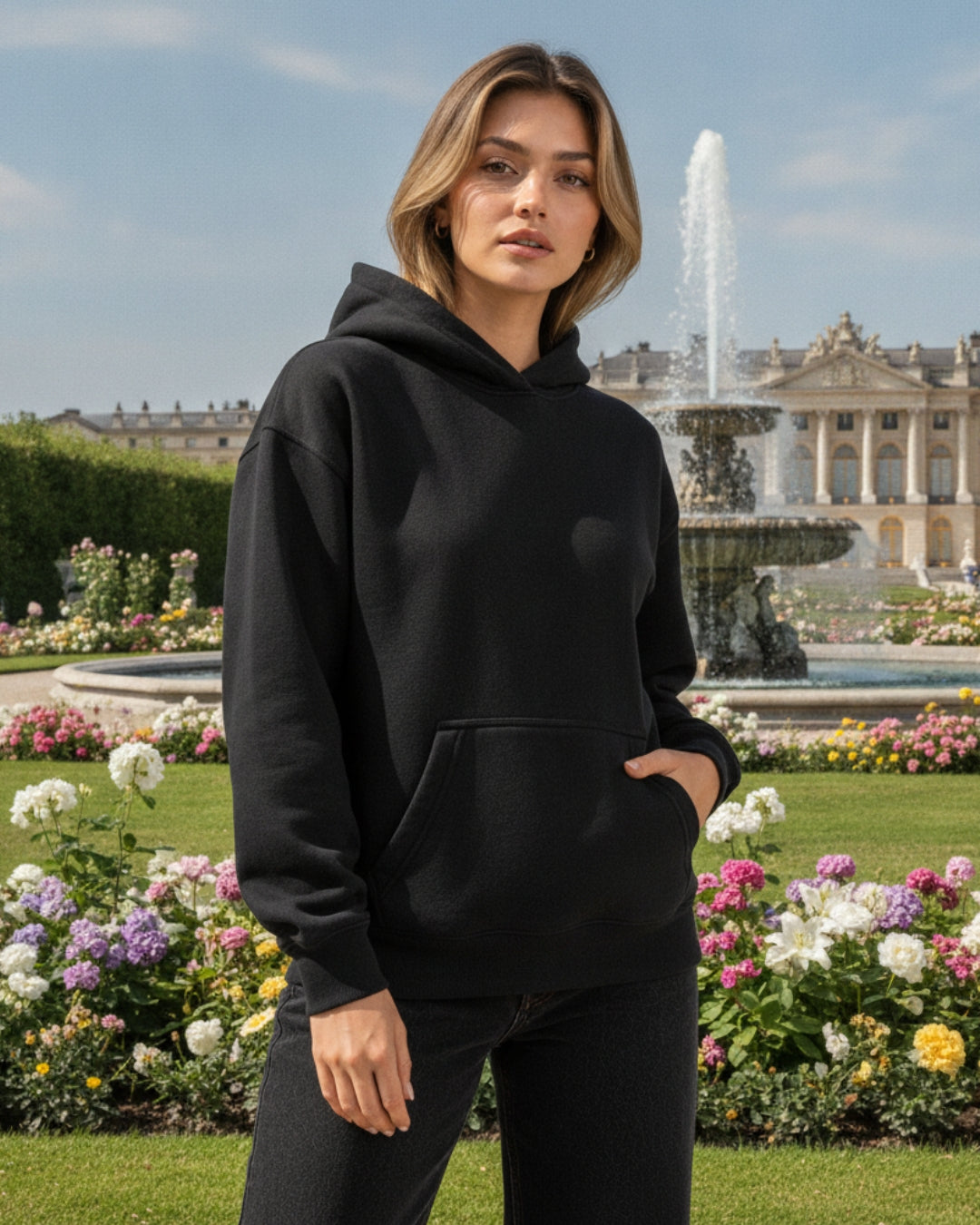 Sman's Solid Black Cotton Crew Neck Oversized Printed Hoodie For Women