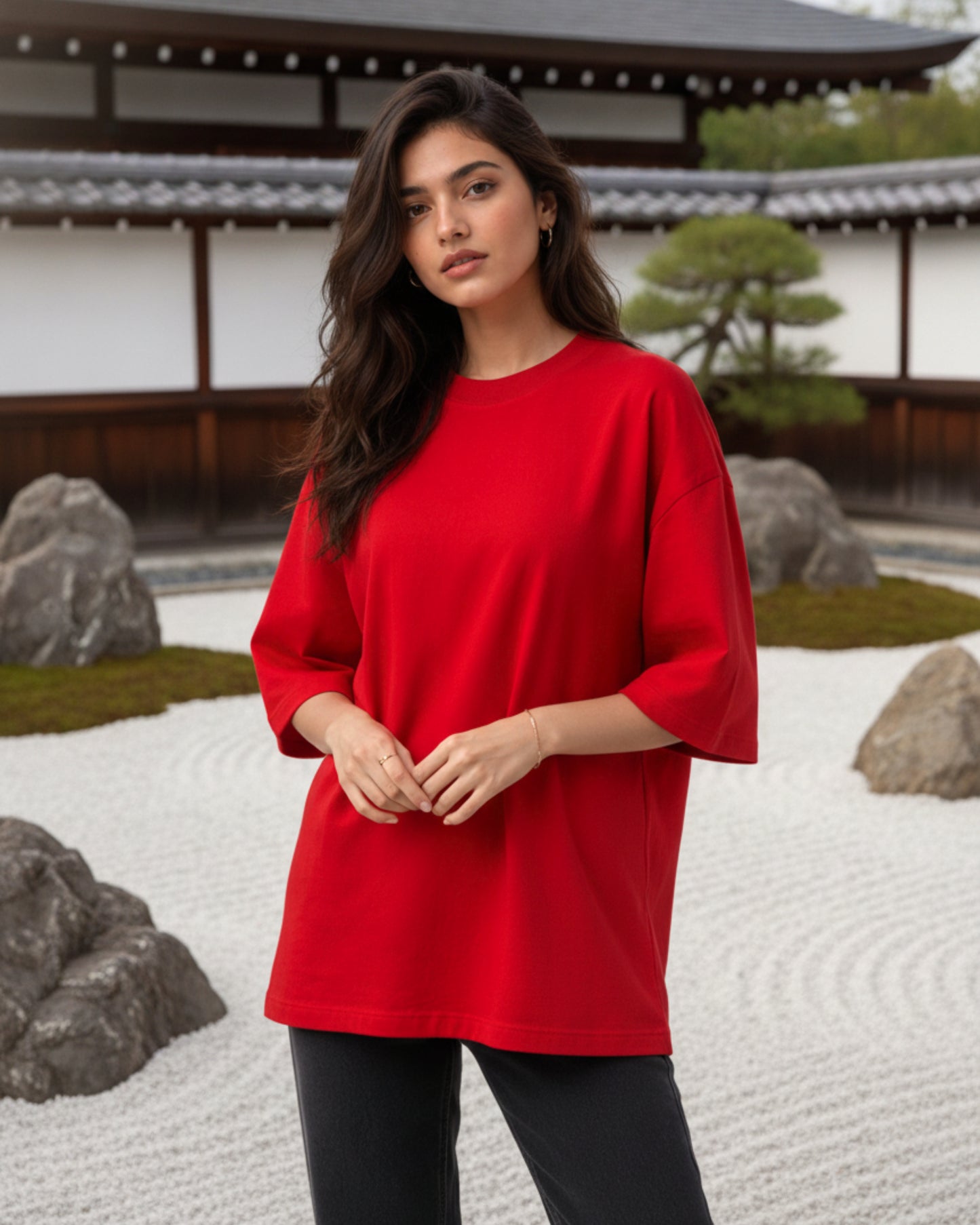 Women Solid Red Cotton Half Sleeve Crew Neck Oversized T-Shirt