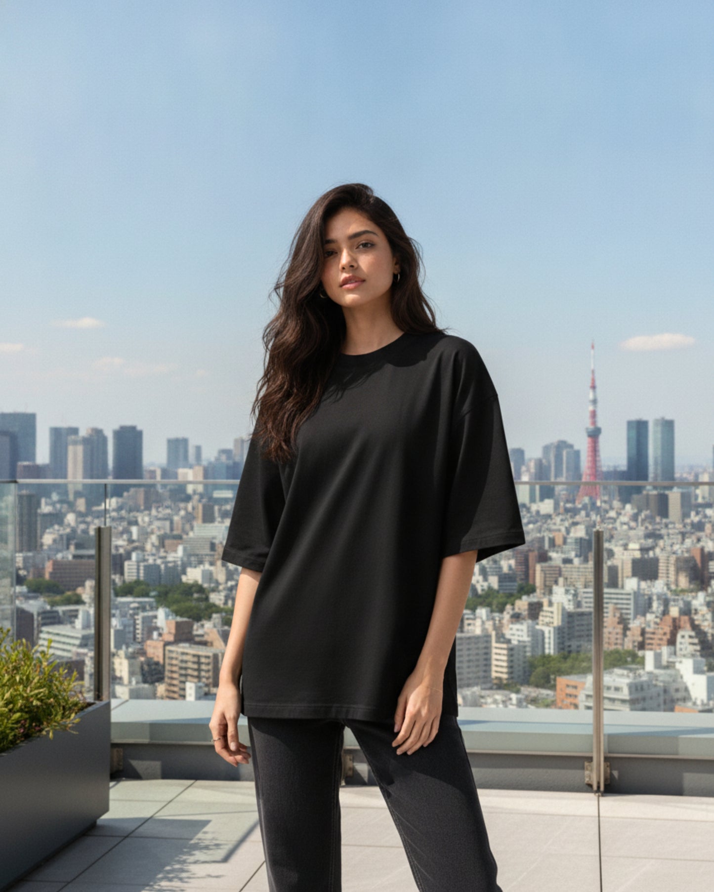 Women Solid Black Cotton Half Sleeve Crew Neck Oversized T-Shirt