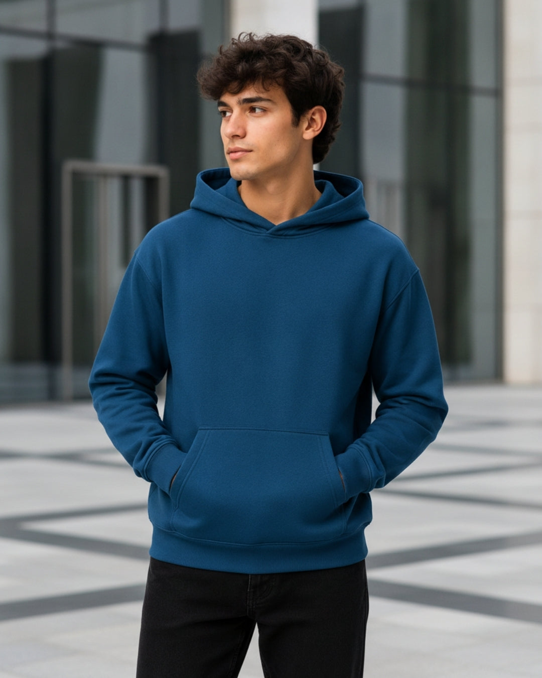 Men's Solid Teal Blue Cotton Full Sleeve Oversized Hoodie